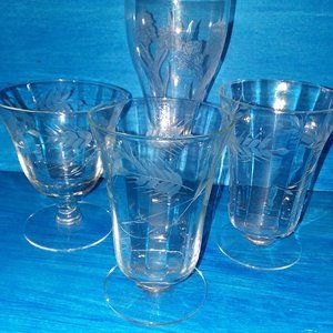 Vintage Blown Crystal Etched 4 Footed Goblet Drinking Glasses Unique Rare